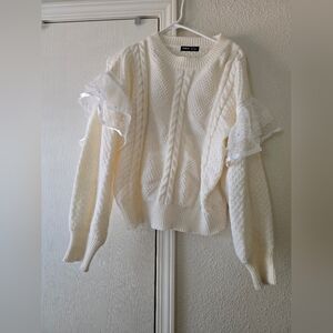 Pearls Beaded Contrast LaceRuffle Trim Drop Shoulder Sweater